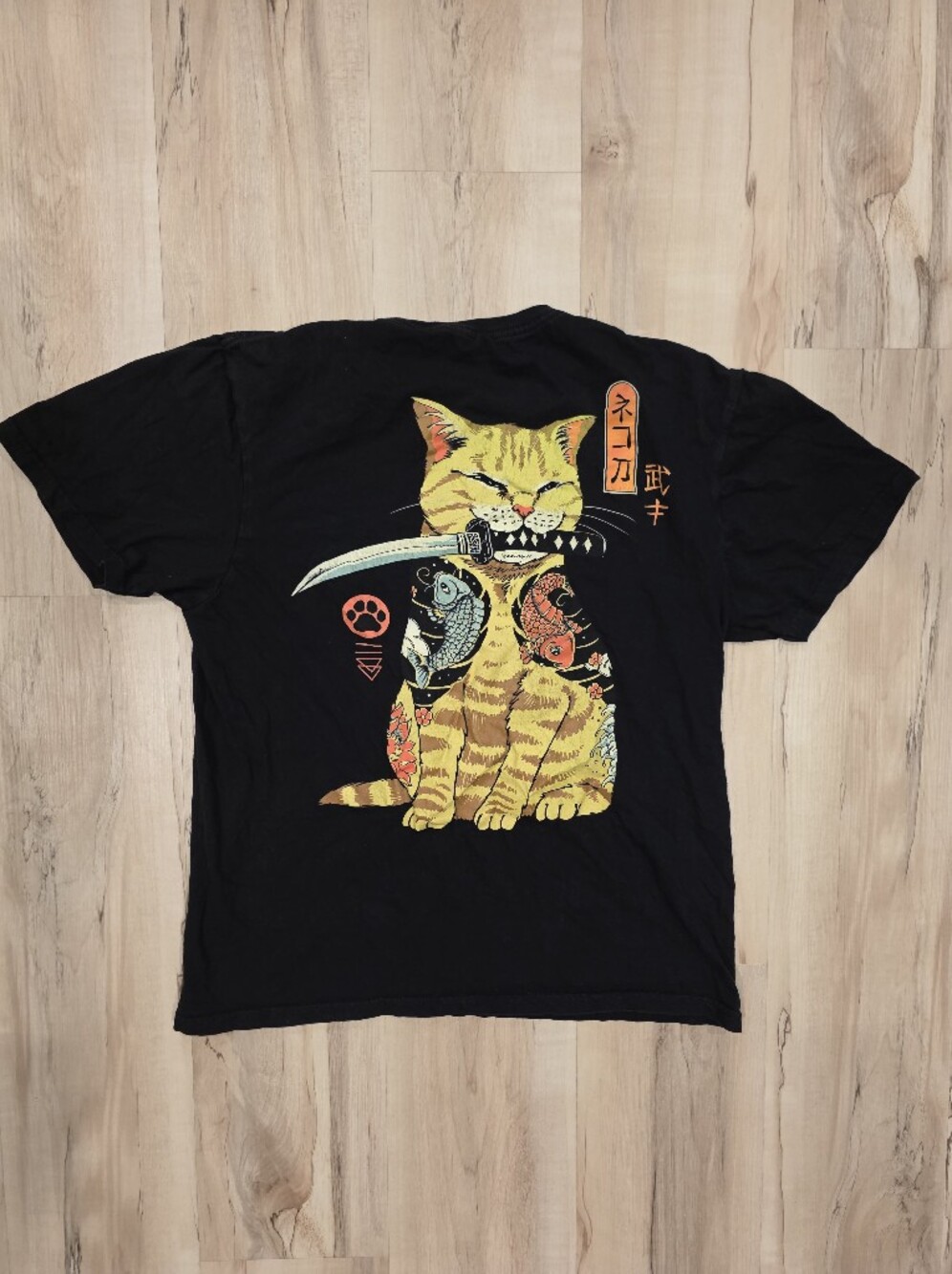 Threadless Black Tee with Yellow Tabby Cat and Colorful Koi Art